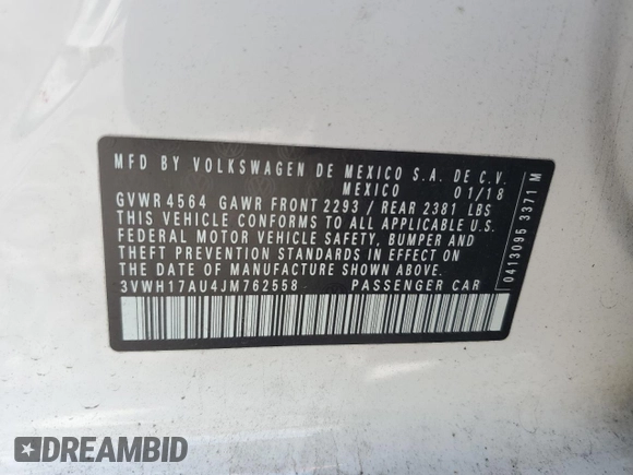 2018 Volkswagen Golf S с VIN 3VWH17AU4JM762558, выставлен на аукционе Copart как лот 54882405 с пробегом 39 266 миль миль и Списание • Salvage title. История ставок и продаж доступна на DreamBid. Изображение 13.