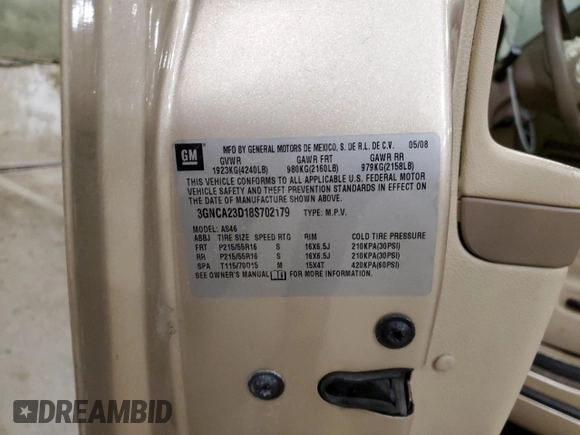 2008 Chevrolet HHR LT with VIN 3GNCA23D18S702179, listed as a Copart auction lot 51802195 with 135,855 mi miles and Salvage Title. Bid and sale history available at DreamBid. Image 13.