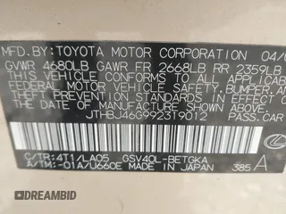 2009 Lexus ES 330 with VIN JTHBJ46G992319012, listed as a IAAI auction lot 42145123 with 147,356 mi miles and . Bid and sale history available at DreamBid. Image 9.