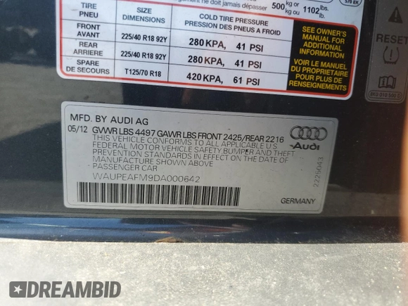 2013 Audi A3 Premium Plus with VIN WAUPEAFM9DA000642, listed as a Copart auction lot 62450875 with 57,220 mi miles and Clean title. Bid and sale history available at DreamBid. Image 12.
