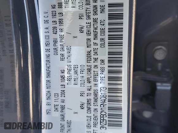 2024 Mazda 3 S Carbon Edition with VIN 3MZBPBCM1RM408173, listed as a Copart auction lot 67511814 with 343 mi miles and Clean title. Bid and sale history available at DreamBid. Image 12.