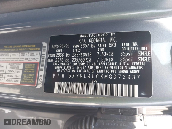 2021 Kia Sorento S with VIN 5XYRL4LCXMG073937, listed as a IAAI auction lot 42595810 with 71,507 mi miles and . Bid and sale history available at DreamBid. Image 9.