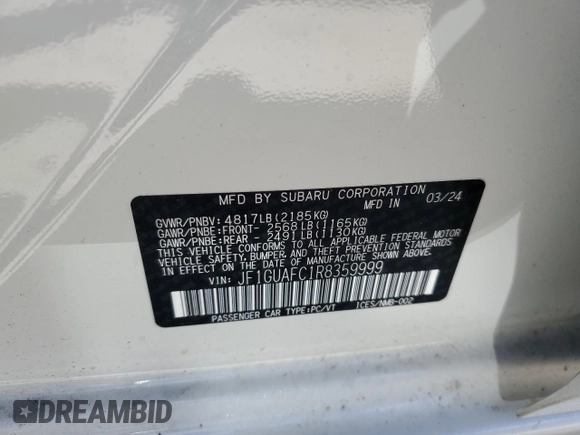 2024 Subaru Impreza Sport with VIN JF1GUAFC1R8359999, listed as a Copart auction lot 69133804 with 720 mi miles and Salvage Title. Bid and sale history available at carsss.com. Image 12.