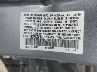 2020 Honda Civic Sedan Sport with VIN 19XFC2F81LE206515, listed as a Copart auction lot 42047625 with 47,379 mi miles and Salvage Title. Bid and sale history available at carsss.com. Image 12.