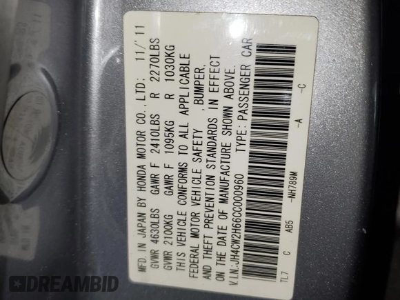 2012 Acura TSX Technology z VIN JH4CW2H66CC000960, wystawiony jako Copart lot #87088664 z przebiegiem Nie podano mil oraz Szkoda całkowita • Salvage title. Historia ofert i sprzedaży dostępna na DreamBid. Obrazek 14.