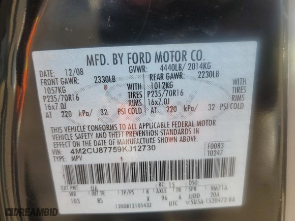 2009 Mercury Mariner Premier with VIN 4M2CU87759KJ12730, listed as a Copart auction lot 80387704 with 256,729 mi miles and Salvage Title. Bid and sale history available at carsss.com. Image 15.