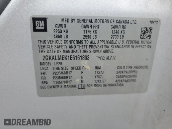 2014 GMC Terrain SLE z VIN 2GKALMEK1E6161893, wystawiony jako Copart lot #49116115 z przebiegiem 135 490 mil mil oraz Szkoda całkowita • Salvage title. Historia ofert i sprzedaży dostępna na DreamBid. Obrazek 16.