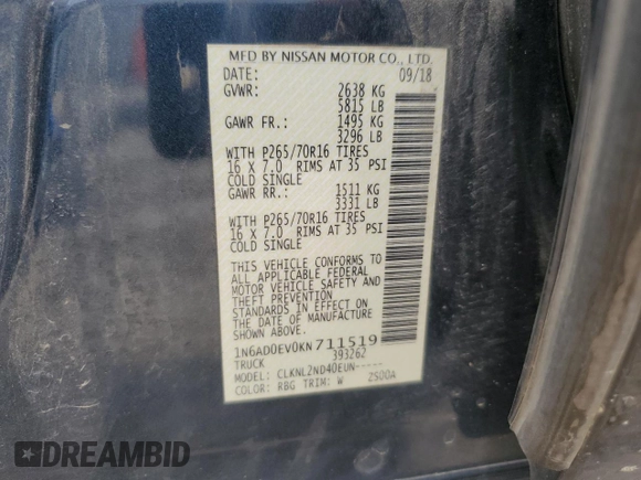 2019 Nissan Frontier SV with VIN 1N6AD0EV0KN711519, listed as a Copart auction lot 58523015 with 85,780 mi miles and Salvage title. Bid and sale history available at DreamBid. Image 12.