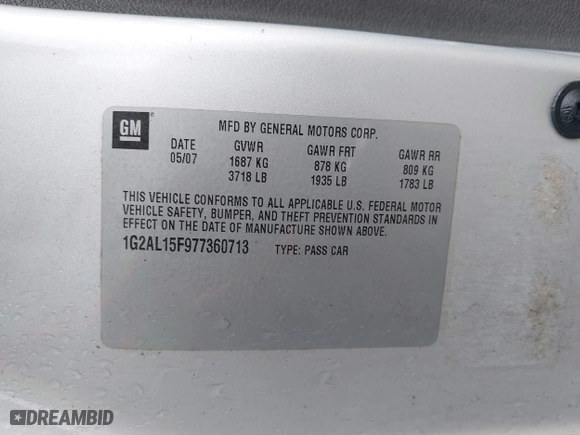 2007 Pontiac G5 with VIN 1G2AL15F977360713, listed as a IAAI auction lot 41994357 with 175,204 mi miles. Bid and sale history available at carsss.com. Image 9.