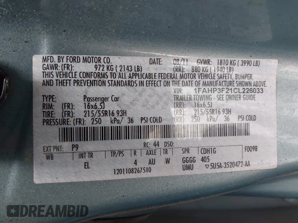 2012 Ford Focus SE with VIN 1FAHP3F21CL226033, listed as a IAAI auction lot 42368786 with 168,061 mi miles and . Bid and sale history available at DreamBid. Image 9.