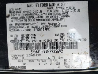 2016 Ford Fusion Titanium with VIN 3FA6P0K99GR235692, listed as a IAAI auction lot 42587743 with 169,467 mi miles and . Bid and sale history available at DreamBid. Image 9.