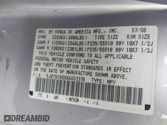 2009 Acura RDX Technology с VIN 5J8TB185X9A003378, выставлен на аукционе IAAI как лот 42032846 с пробегом 230 570 миль миль и . История ставок и продаж доступна на DreamBid. Изображение 9.