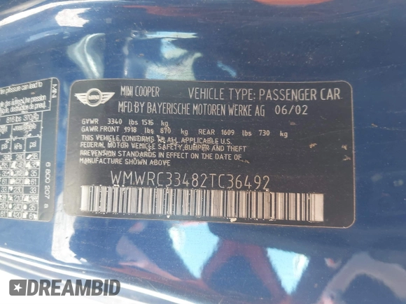 2002 MINI Hardtop with VIN WMWRC33482TC36492, listed as a IAAI auction lot 41633112 with 133,672 mi miles and . Bid and sale history available at DreamBid. Image 9.