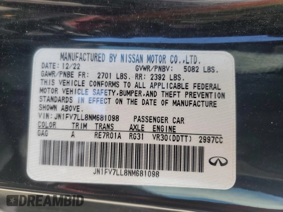 2022 Infiniti Q60 Red Sport 400 with VIN JN1FV7LL8NM681098, listed as a Copart auction lot 54364875 with 17,216 mi miles and Salvage title. Bid and sale history available at DreamBid. Image 12.