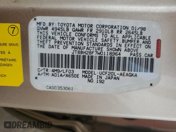 1998 Lexus LS 400 z VIN JT8BH28F7W0118964, wystawiony jako Copart lot #59091225 z przebiegiem 150 362 mil mil oraz Szkoda całkowita • Salvage title. Historia ofert i sprzedaży dostępna na DreamBid. Obrazek 12.