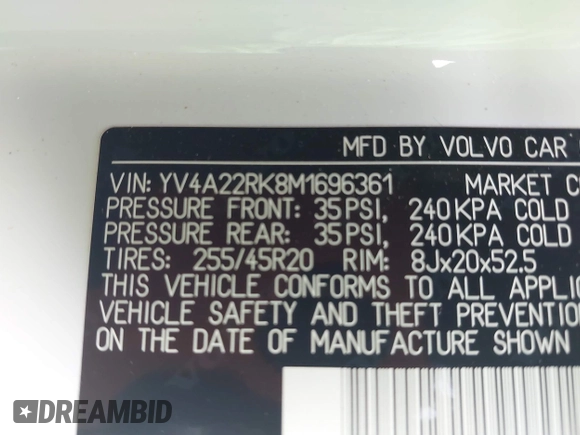 2021 Volvo XC60 Momentum with VIN YV4A22RK8M1696361, listed as a IAAI auction lot 42345602 with 68,574 mi miles and . Bid and sale history available at DreamBid. Image 9.