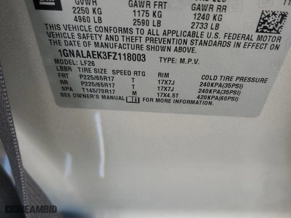 2015 Chevrolet Equinox LS with VIN 1GNALAEK3FZ118003, listed as a Copart auction lot 52205845 with 212,536 mi miles and Salvage Title. Bid and sale history available at carsss.com. Image 13.