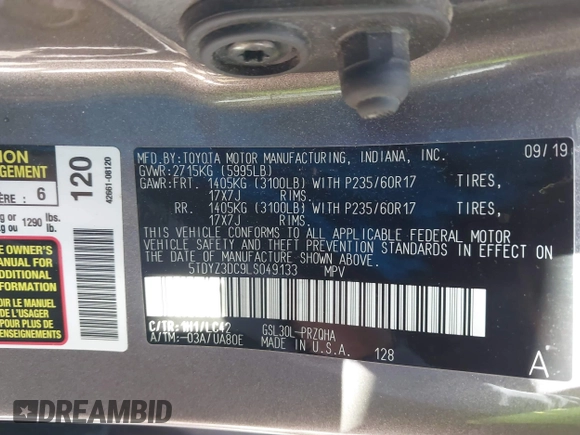 2020 Toyota Sienna XLE Auto Access Seat with VIN 5TDYZ3DC9LS049133, listed as a IAAI auction lot 41705488 with 62,216 mi miles. Bid and sale history available at carsss.com. Image 9.