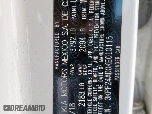 2019 Kia Forte LXS with VIN 3KPF24AD0KE010115, listed as a Copart auction lot 62573385 with 62,926 mi miles and Salvage title. Bid and sale history available at DreamBid. Image 12.