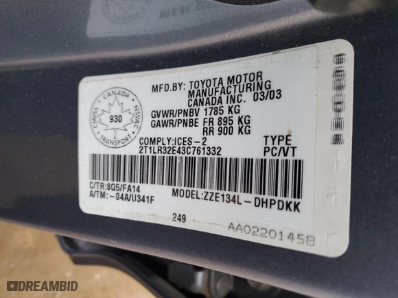 2003 Toyota Matrix Std with VIN 2T1LR32E43C761332, listed as a Copart auction lot 42182605 with 220,801 mi miles and Salvage Title. Bid and sale history available at carsss.com. Image 12.