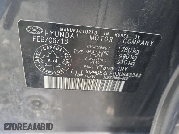 2018 Hyundai Elantra GL with VIN KMHD84LF0JU643343, listed as a Copart auction lot 83653764 with 57,208 mi miles and Salvage Title. Bid and sale history available at DreamBid. Image 12.