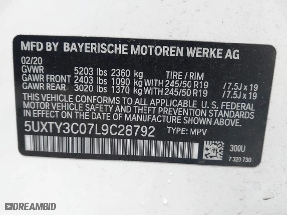 2020 BMW X3 sDrive30i with VIN 5UXTY3C07L9C28792, listed as a IAAI auction lot 41721503 with 58,340 mi miles. Bid and sale history available at carsss.com. Image 9.