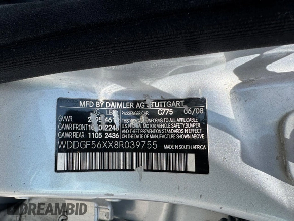 2008 Mercedes-Benz C 350 Sport with VIN WDDGF56XX8R039755, listed as a Copart auction lot 56783765 with 190,494 mi miles and Clean Title. Bid and sale history available at DreamBid. Image 10.