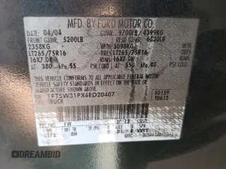 2004 Ford F-350 XL with VIN 1FTSW31PX4ED20407, listed as a Copart auction lot 54129335 with Not Provided miles and Non Repairable. Bid and sale history available at DreamBid. Image 12.