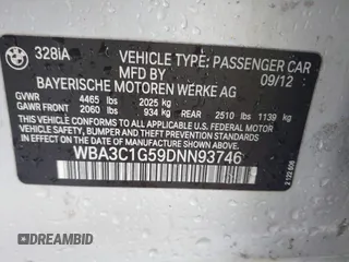 2013 BMW 3 Series 328i with VIN WBA3C1G59DNN93746, listed as a IAAI auction lot 41527720 with 215,442 mi miles and . Bid and sale history available at DreamBid. Image 9.