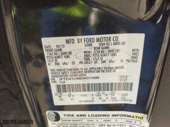 2013 Ford F-150 XL with VIN 1FTEW1CM8DKD11095, listed as a IAAI auction lot 41658268 with 215,583 mi miles. Bid and sale history available at carsss.com. Image 9.