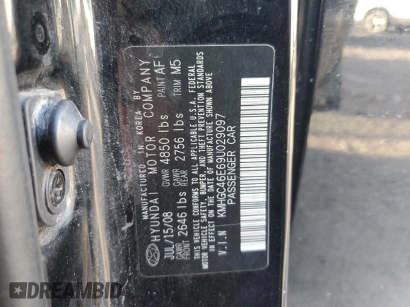 2009 Hyundai Genesis with VIN KMHGC46E69U029097, listed as a Copart auction lot 48698605 with 217,263 mi miles and Salvage Title. Bid and sale history available at DreamBid. Image 12.