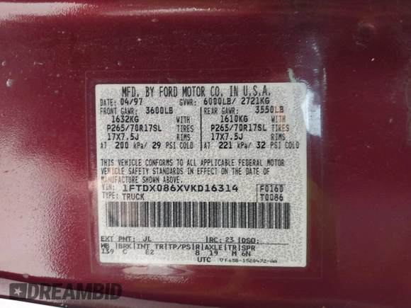 1997 Ford F-150 с VIN 1FTDX086XVKD16314, выставлен на аукционе IAAI как лот 42631877 с пробегом 195 807 миль миль и . История ставок и продаж доступна на DreamBid. Изображение 9.