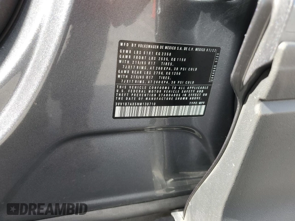 2022 Volkswagen Tiguan S with VIN 3VV1B7AX5NM138710, listed as a Copart auction lot 55900645 with 16,837 mi miles and Salvage title. Bid and sale history available at DreamBid. Image 13.