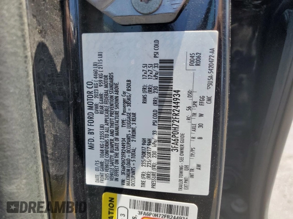 2015 Ford Fusion SE z VIN 3FA6P0H72FR244934, wystawiony jako Copart lot #59373345 z przebiegiem 88 475 mil mil oraz Szkoda całkowita • Salvage title. Historia ofert i sprzedaży dostępna na DreamBid. Obrazek 12.