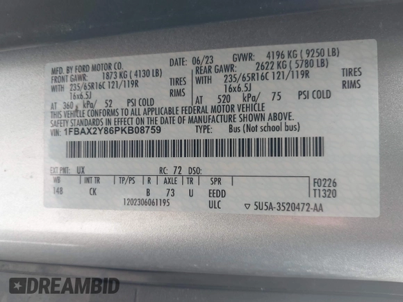 2023 Ford Transit Passenger XL with VIN 1FBAX2Y86PKB08759, listed as a IAAI auction lot 41879081 with 43,241 mi miles and . Bid and sale history available at DreamBid. Image 9.