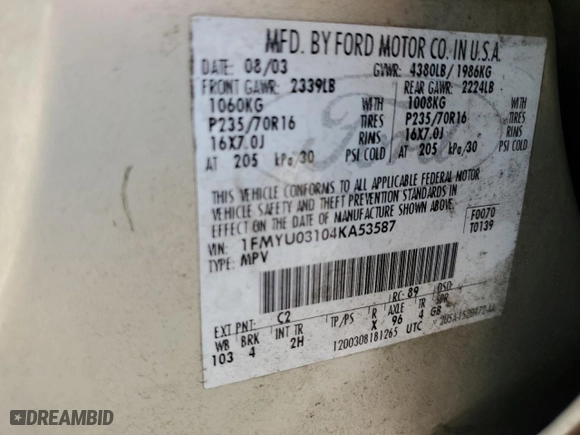 2004 Ford Escape XLT with VIN 1FMYU03104KA53587, listed as a Copart auction lot 51777385 with 154,102 mi miles and Salvage Title. Bid and sale history available at carsss.com. Image 13.