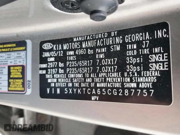 2012 Kia Sorento LX with VIN 5XYKTCA65CG287757, listed as a Copart auction lot 51490665 with 246,434 mi miles and Clean Title. Bid and sale history available at carsss.com. Image 13.
