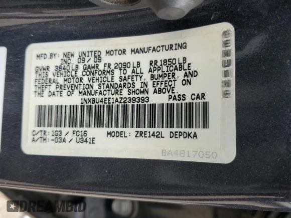 2010 Toyota Corolla z VIN 1NXBU4EE1AZ239393, wystawiony jako Copart lot #62415165 z przebiegiem Nie podano mil oraz Czysty tytuł • Clean title. Historia ofert i sprzedaży dostępna na DreamBid. Obrazek 12.