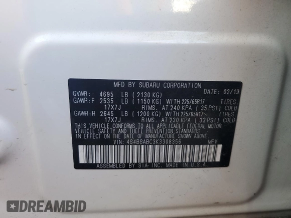 2019 Subaru Outback with VIN 4S4BSABC3K3308356, listed as a Copart auction lot 57692245 with 63,533 mi miles and Salvage title. Bid and sale history available at DreamBid. Image 14.