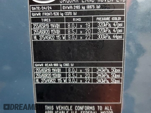 2024 Land Rover Defender S with VIN SALEJ7EU4R2330810, listed as a Copart auction lot 43918465 with 9,353 mi miles and Salvage title. Bid and sale history available at DreamBid. Image 12.