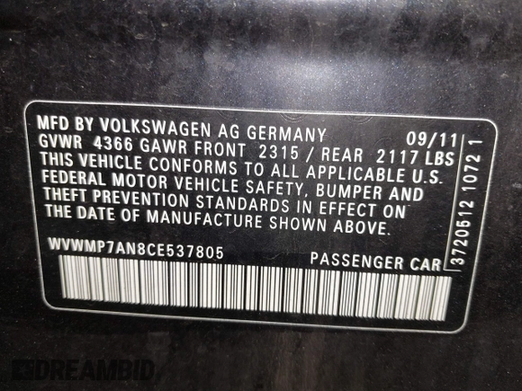 2012 Volkswagen CC Sport PZEV with VIN WVWMP7AN8CE537805, listed as a IAAI auction lot 41847051 with 147,095 mi miles. Bid and sale history available at carsss.com. Image 9.