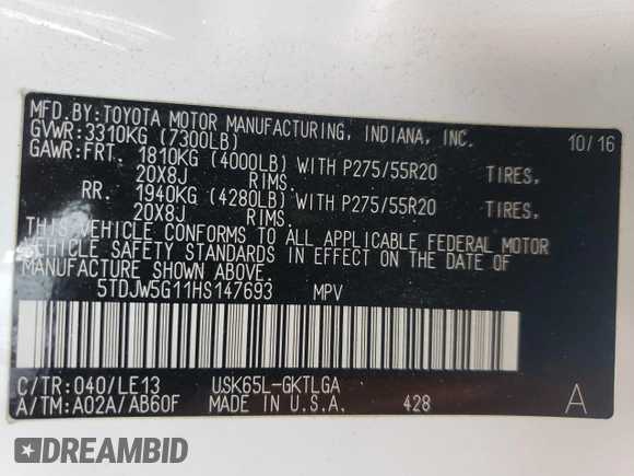 2017 Toyota Sequoia Limited with VIN 5TDJW5G11HS147693, listed as a Copart auction lot 48487305 with 163,857 mi miles and Salvage Title. Bid and sale history available at carsss.com. Image 14.