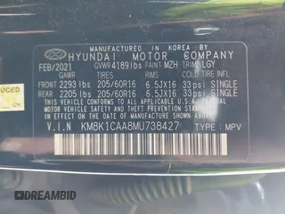 2021 Hyundai Kona SE z VIN KM8K1CAA8MU738427, wystawiony jako IAAI lot #41898475 z przebiegiem 53 112 mil mil oraz . Historia ofert i sprzedaży dostępna na DreamBid. Obrazek 9.