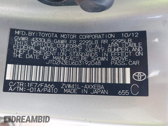 2013 Toyota Prius Two with VIN JTDZN3EU6D3192048, listed as a IAAI auction lot 42096878 with 188,744 mi miles and . Bid and sale history available at carsss.com. Image 9.