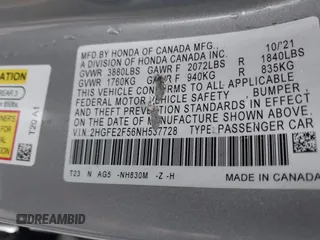 2022 Honda Civic Sport z VIN 2HGFE2F56NH537728, wystawiony jako IAAI lot #41772928 z przebiegiem 38 147 mil mil oraz . Historia ofert i sprzedaży dostępna na DreamBid. Obrazek 9.