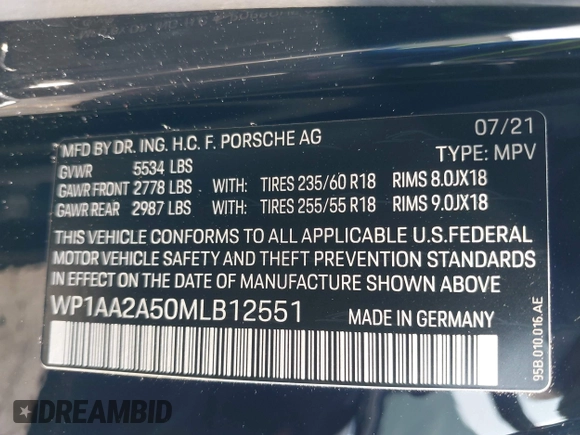 2021 Porsche Macan with VIN WP1AA2A50MLB12551, listed as a IAAI auction lot 42403309 with 44,697 mi miles and . Bid and sale history available at DreamBid. Image 9.