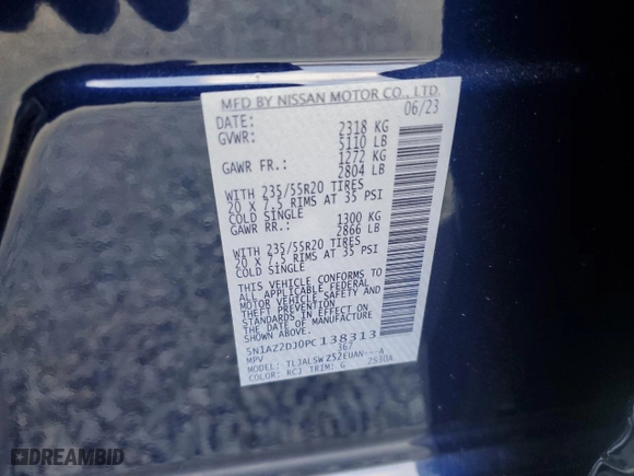 2023 Nissan Murano Platinum with VIN 5N1AZ2DJ0PC138313, listed as a Copart auction lot 48005195 with 1,495 mi miles and Salvage Title. Bid and sale history available at carsss.com. Image 13.