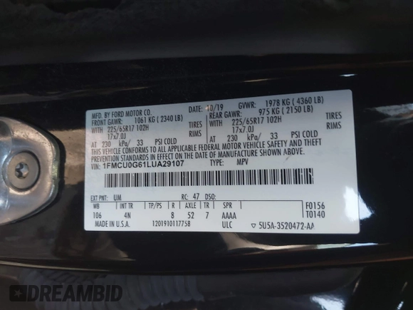 2020 Ford Escape SE with VIN 1FMCU0G61LUA29107, listed as a IAAI auction lot 42286796 with 76,033 mi miles and . Bid and sale history available at DreamBid. Image 9.