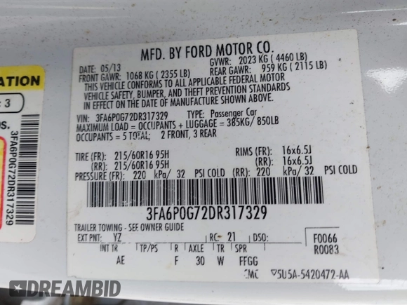 2013 Ford Fusion S with VIN 3FA6P0G72DR317329, listed as a IAAI auction lot 41345850 with 241,335 mi miles. Bid and sale history available at carsss.com. Image 9.