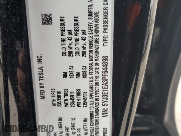2023 Tesla Model 3 with VIN 5YJ3E1EA3PF644898, listed as a Copart auction lot 50427685 with 36,488 mi miles and Salvage Title. Bid and sale history available at DreamBid. Image 12.